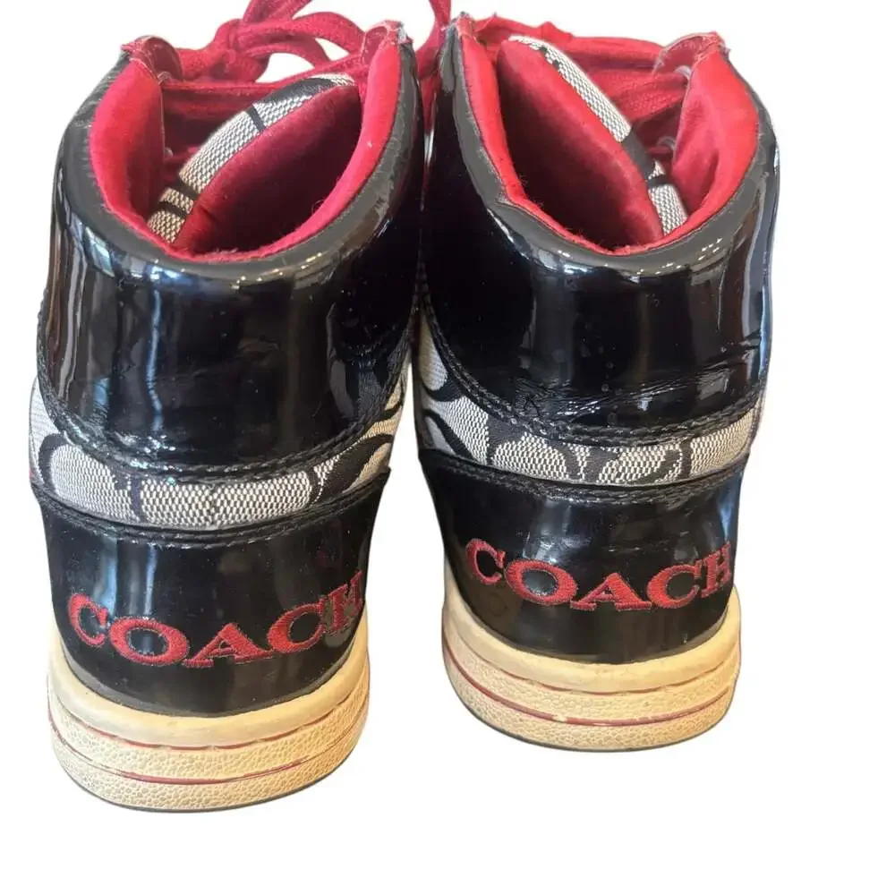 Coach Norra High Top Sneaker Q368 Women's 6 Black Signature Canvas Patent Red